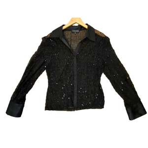 Lindor Black Sheer Sequin Button Down Shirt Textured Mesh Blouse Large